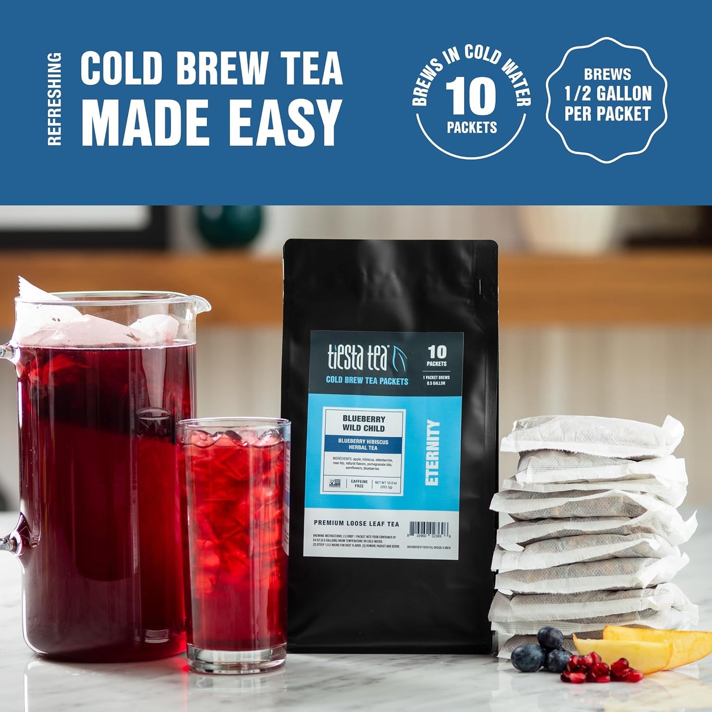 Tiesta Tea - Blueberry Wild Child Cold Brew, Loose Leaf | Blueberry Hibiscus Herbal Tea, Non-Caffeinated Iced Blend, Cold Brew Packets, Makes 64oz Pitcher Per Bag (Pack of 10)