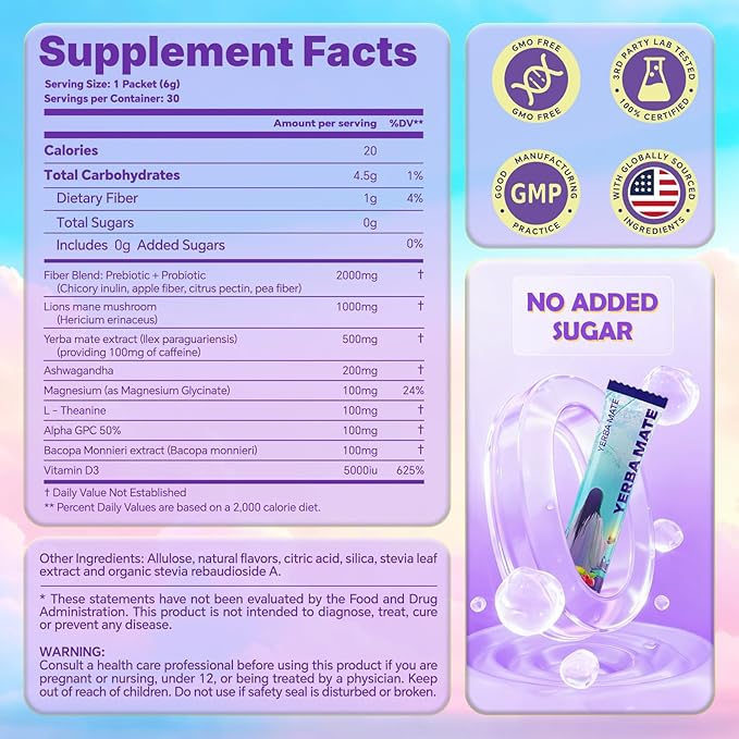 Zelfyrtisar Yerba Mate Instant Tea Powder – Clean Energy Drink for Focus & Brain Fog Support - Sugar-Free Raspberry Lemonade Flavor, 30 On-the-Go Vegan Pouches with Lion’s Mane, Ashwagandha & Probiotics