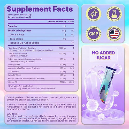 Zelfyrtisar Yerba Mate Instant Tea Powder – Clean Energy Drink for Focus & Brain Fog Support - Sugar-Free Raspberry Lemonade Flavor, 30 On-the-Go Vegan Pouches with Lion’s Mane, Ashwagandha & Probiotics