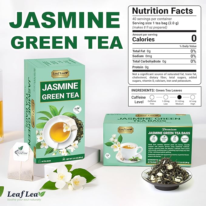 LeafLea 80 Jasmine Green Tea Bags, Green Tea with Natural Jasmine Aroma, Light Focus & Daily Balance, Delicate Floral and Smooth Taste, Caffeinated, Sugar-Free, Non-GMO, Vegan, Individually Wrapped