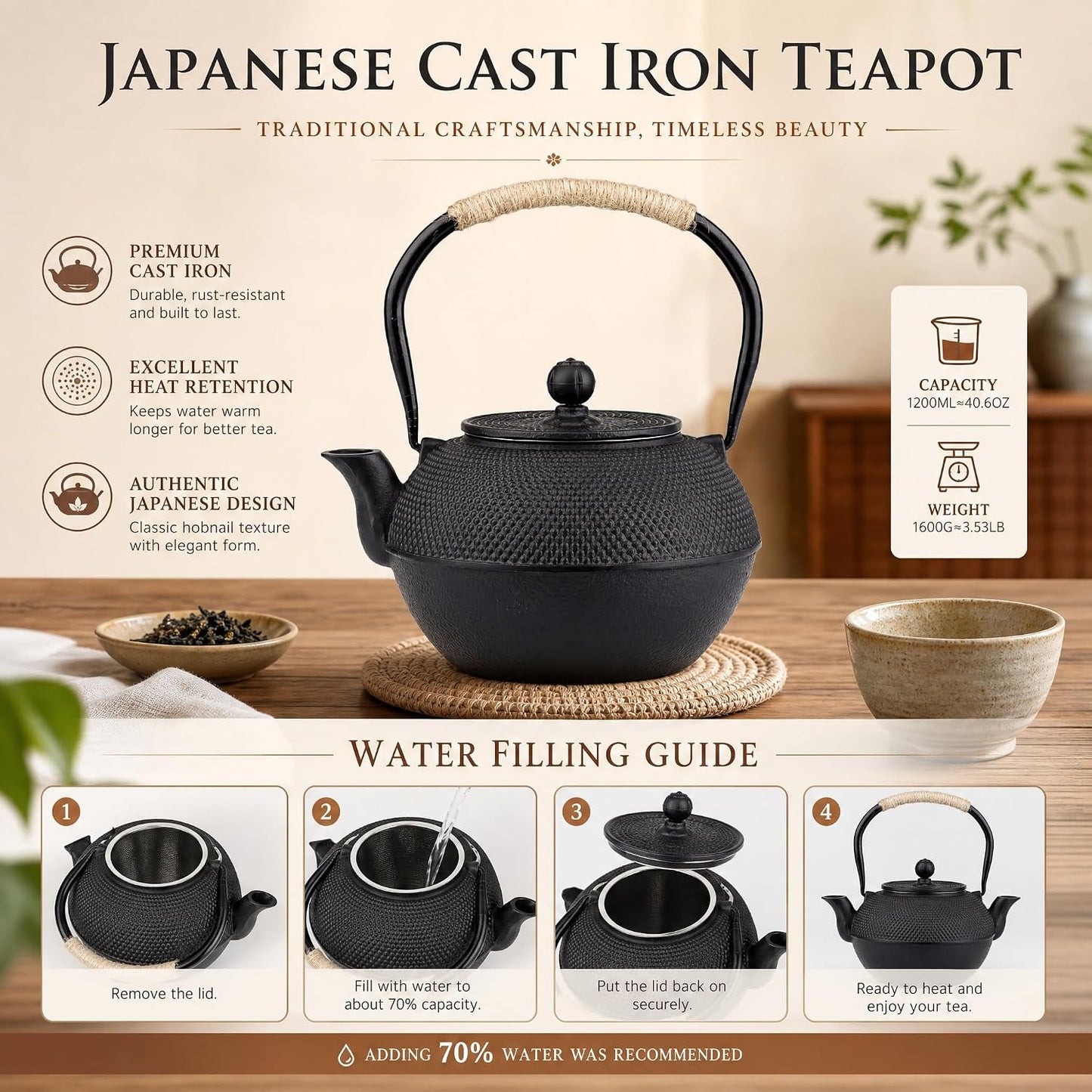 40oz Cast Iron Tea Kettle for Stovetop, Black Teapot with Infuser | Tea Pot with Strainer for Loose Tea, Small and Heavy, Japanese Tetsubin, Enameled Interior, Suitable for Induction Cooker