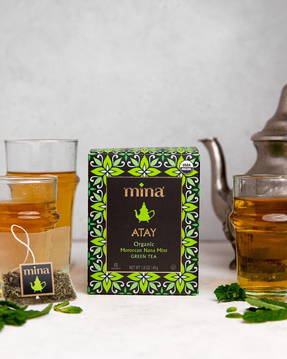 Mina Atay Moroccan Nana Mint Organic Green Tea, 15 Biodegradable Sachets - Refreshing Moroccan Mint Green Tea Bags, Moroccan