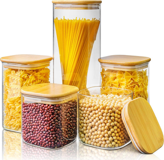 Square Glass Storage Containers with Bamboo Lids for Pasta &amp; Flour, 5 Pack | 80oz/42oz/27oz Airtight Storage Jars for Pantry &amp; Kitchen, Durable Borosilicate Glass Canisters Keep Food Dry &amp; Fresh