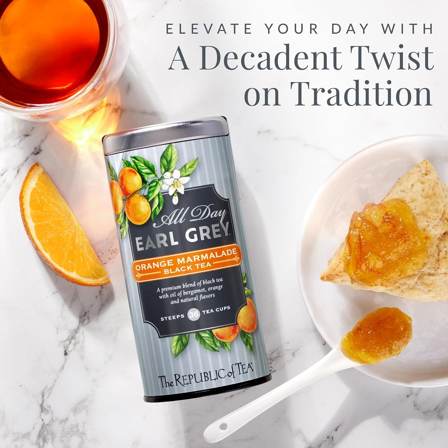 The Republic of Tea All Day Earl Grey Orange Marmalade Black Tea, 36 Count | Naturally Caffeinated. Made for morning or afternoon. Brisk and full-bodied with notes of lively citrus and bright bergamot.