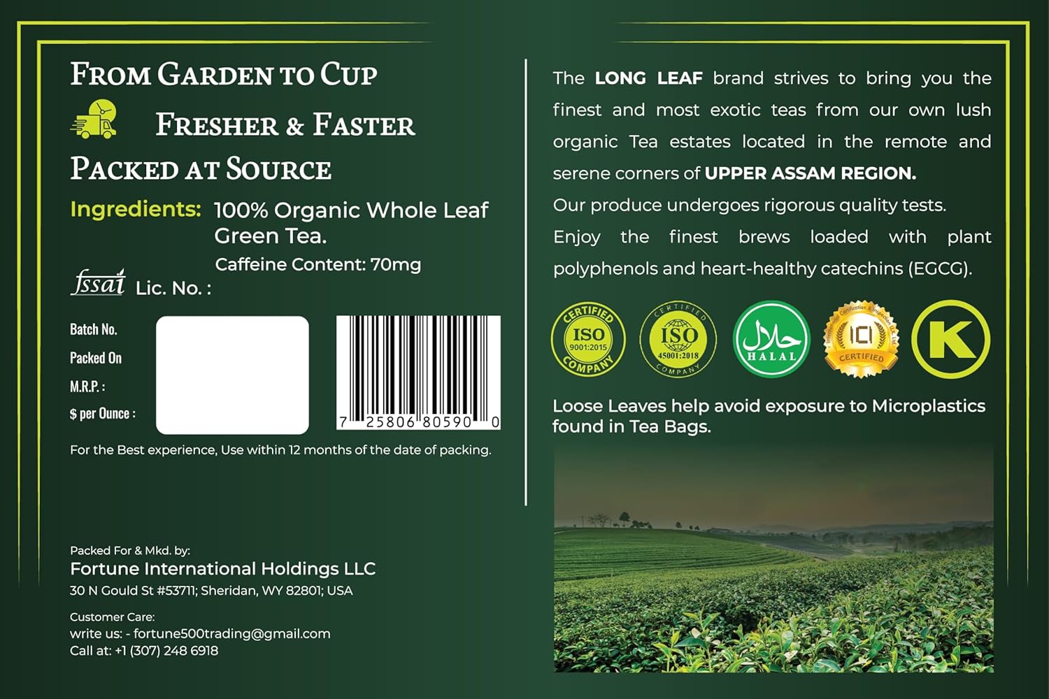 CLASSIC ASSAM GREEN TEA, Green Tea, Loose Leaf (250g/8.81oz)/100 Cups | Non-GMO, 100% Pure Organic Green Tea Leaves Sourced from Lush Brahmaputra Valley in the Himalayan Foothills, Assam, India | Resealable Ziplock Pouch
