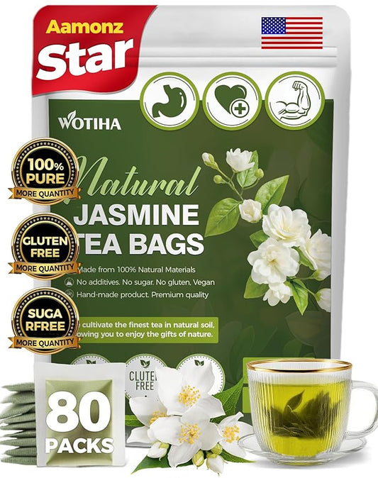 Natural Jasmine tea 160g. 2gx80 teabags. 100% natural ingredients Jasmine tea.Additive-Free • Sugar-Free • Vegan.