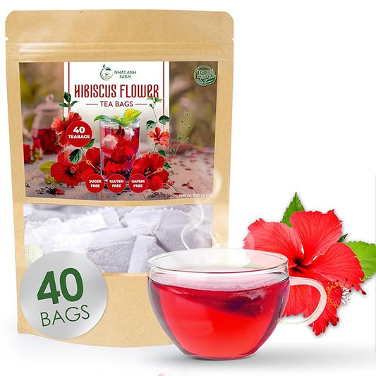 Premium Hibiscus Tea Bags - Dried Hibiscus Flower Tea Bags - 40 Teabags, 2.5g/bag), 100% Natural & Pure Hibiscus Flowers, Sugar/Caffeine/Gluten Free