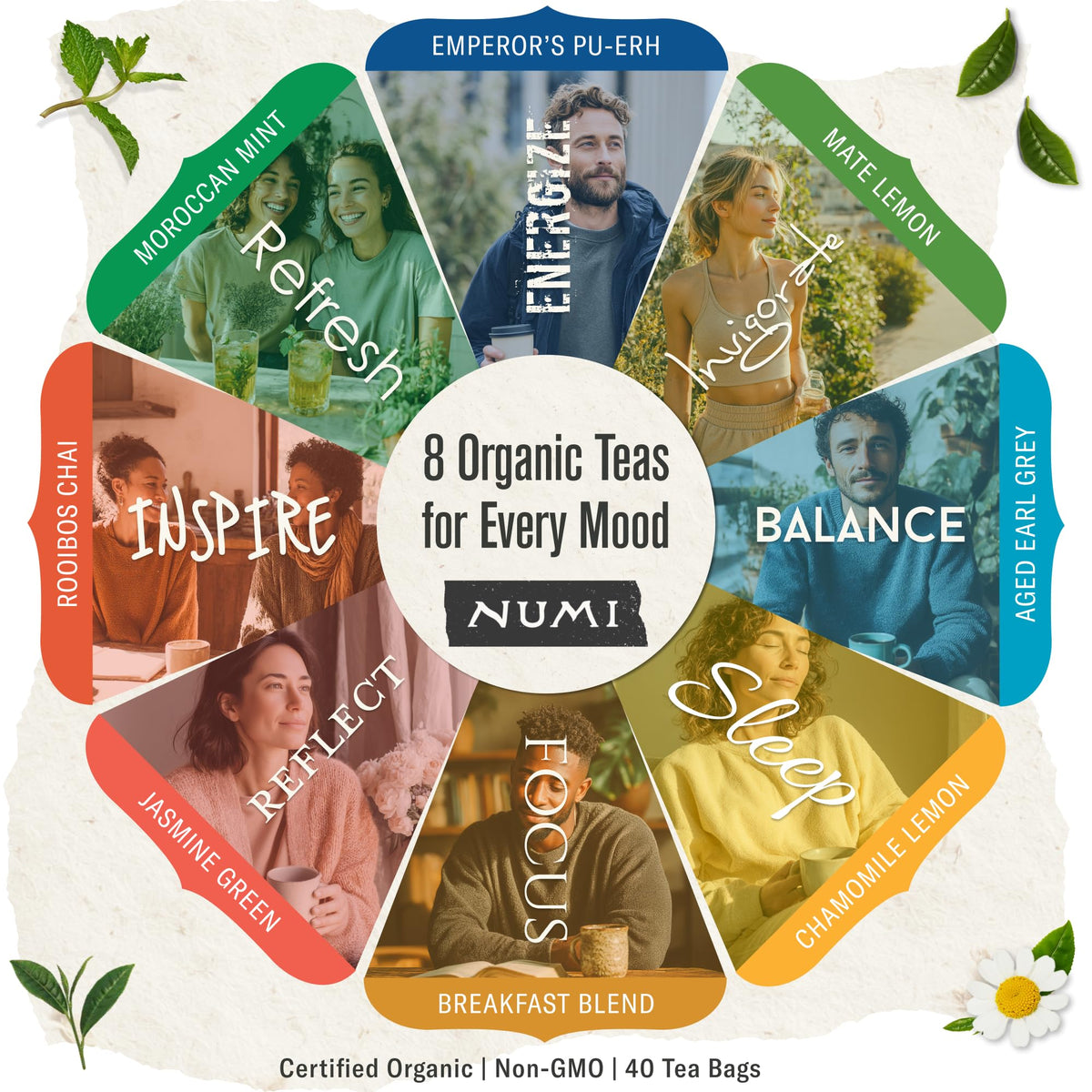 Numi Organic Tea By Mood Gift Set, 40 Tea Bag Assortment, Premium | Organic Black | Pu-erh | Green | Maté | Rooibos & Herbal