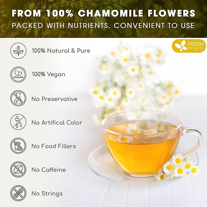 FRESHDRINKUS, Premium 135 Chamomile Tea Bags, 100% Natural and Pure Chamomile Flowers, Eco-conscious Tea Bags. Herbal Tea. No Sugar, No Caffeine, No Gluten, Vegan.