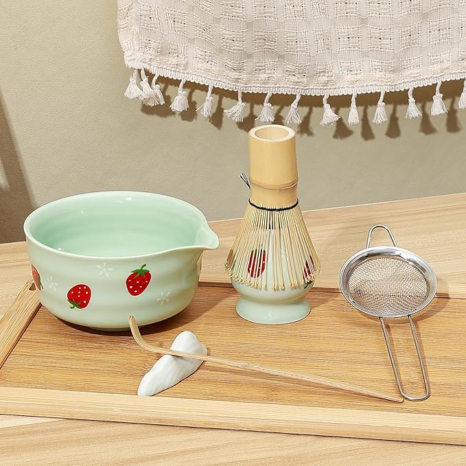 Koythin 7-Piece Ceramic Matcha Whisk Set, Adorable Strawberry Bowls Set with Whisk Holder Scoop Towel, Aesthetic Matcha Bowl Set for Ceremony (Blue-Green)
