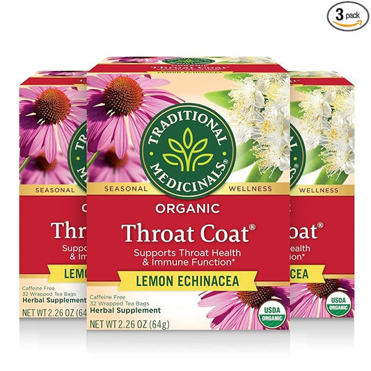 Traditional Medicinals Tea, Organic Throat Coat Lemon Echinacea, Supports Throat Health & Immune Function, 96 Tea Bags (3 Pack)