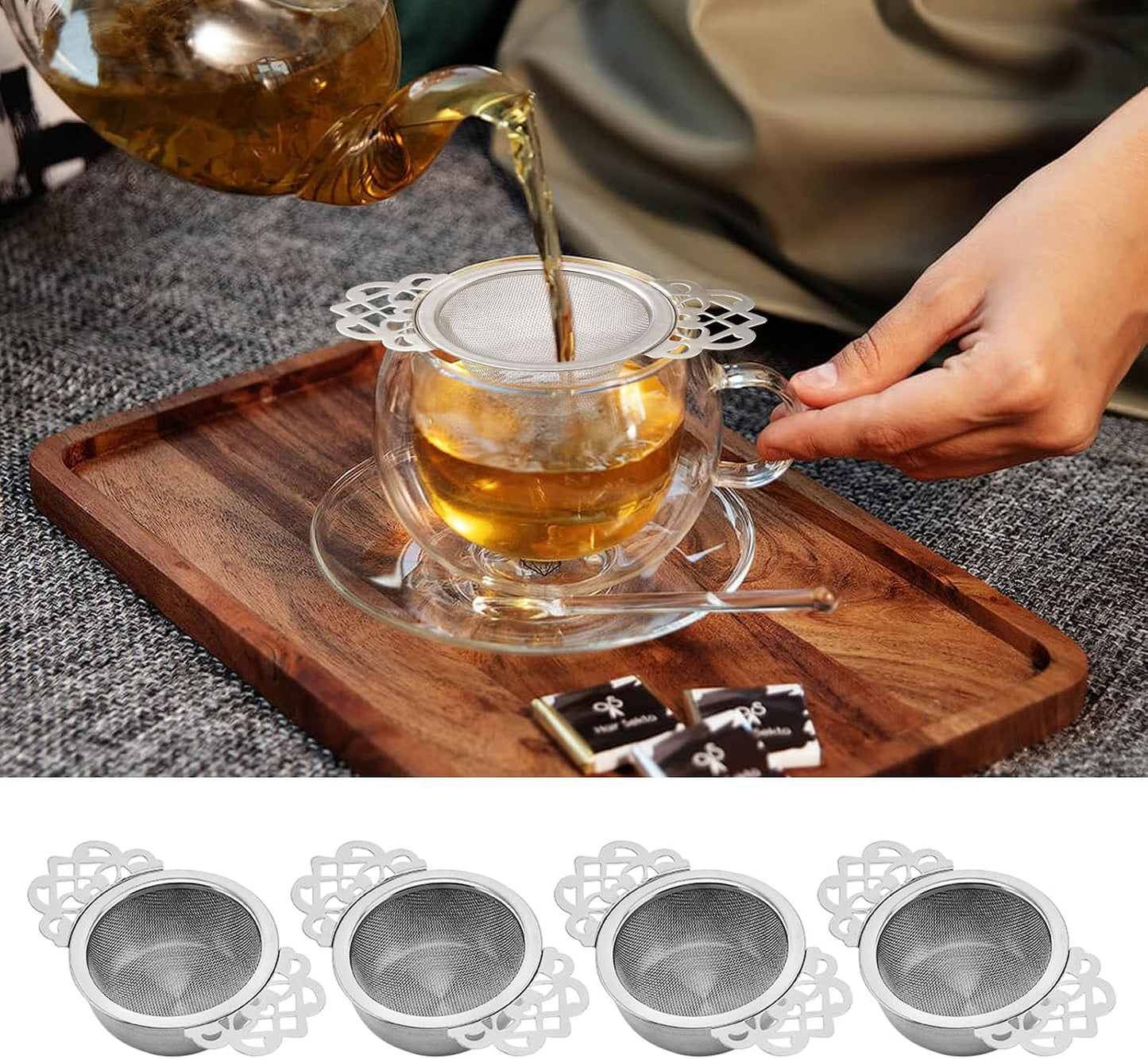 Tea Drain Strainer 304 Stainless Steel Loose Tea Infusers Strainers Mesh Tea Infuser Stainless Steel Loose Leaf Tea Filter with Handles for Loose Tea Juice Coffee Filter(4Pcs)