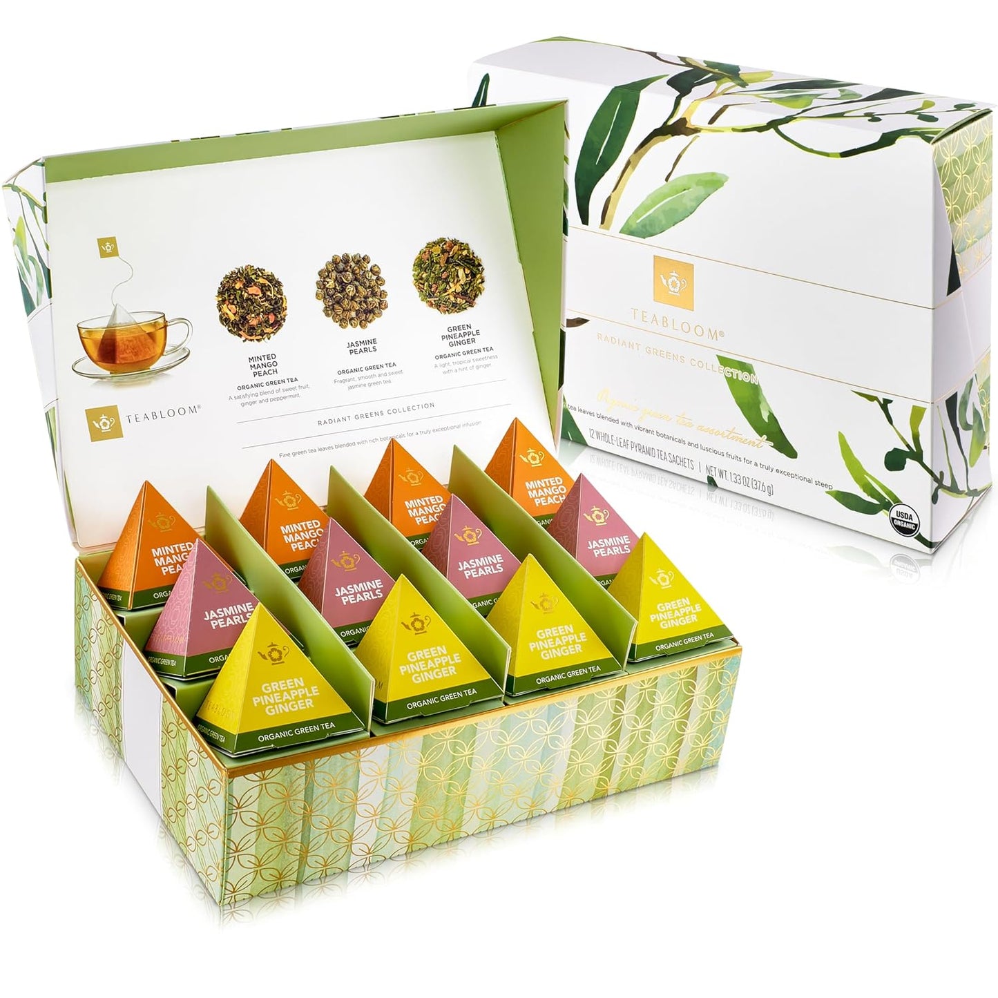 Teabloom Radiant Greens – Organic Green Tea Sampler with 12 Plant-Based Pyramid Sachets, Jasmine Pearls, Minted Mango Peach & Pineapple Ginger