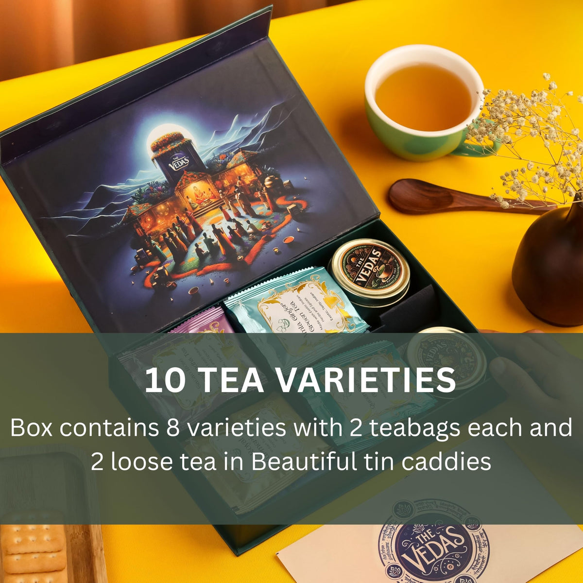 The Vedas Assorted tea sampler gift | 10 Exotic flavours | Premium Hand stitched cotton teabags of 8 different flavours along