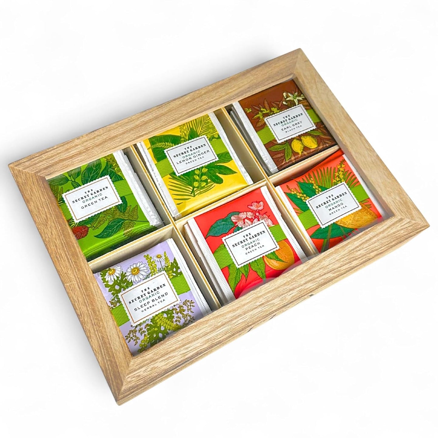 Premium Organic Wooden Tea Sampler Gift Box With 6 Flavors Made With Real Ingredients, Non-GMO and Dye Free, Includes Green Tea, Peach, Mango, Earl Grey, Sleep Blend, Lemon Ginger (60 Bags)