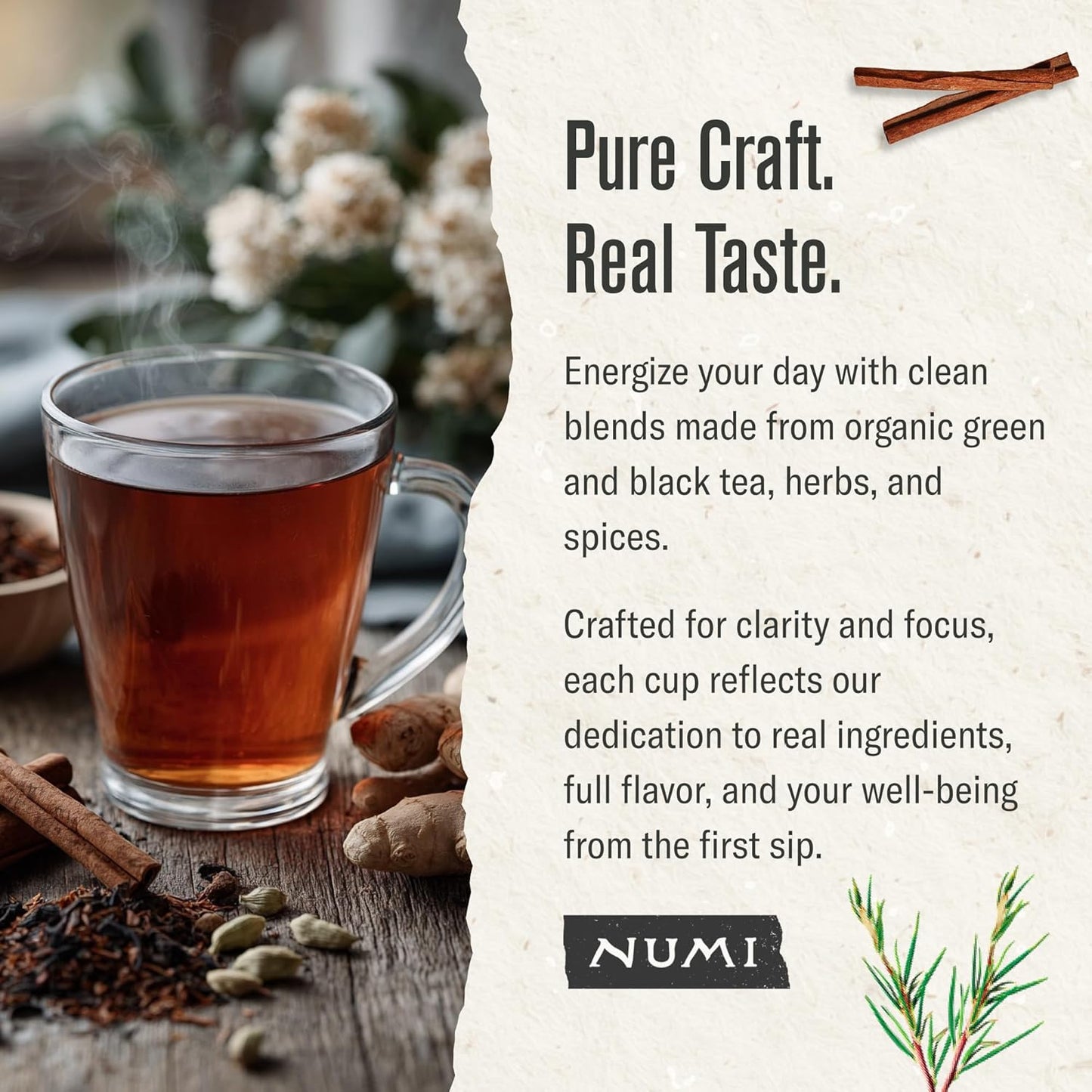 Numi Organic Rooibos Chai Tea, 18 Herbal Bags, Microplastic Free, Rich Flavor with Cinnamon, Allspice & Ginger, Caffeine Free