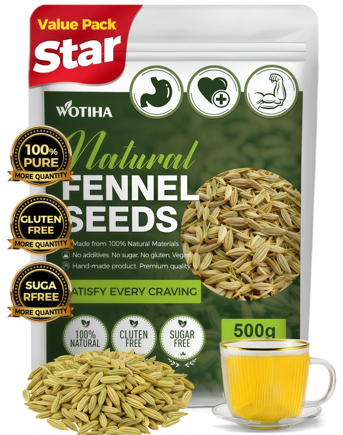 WOTIHA Premium Fennel Seed Tea (1.1 lbs / 500g) - Whole Dried Fennel Seeds Culinary Grade - Naturally Gluten-Free &