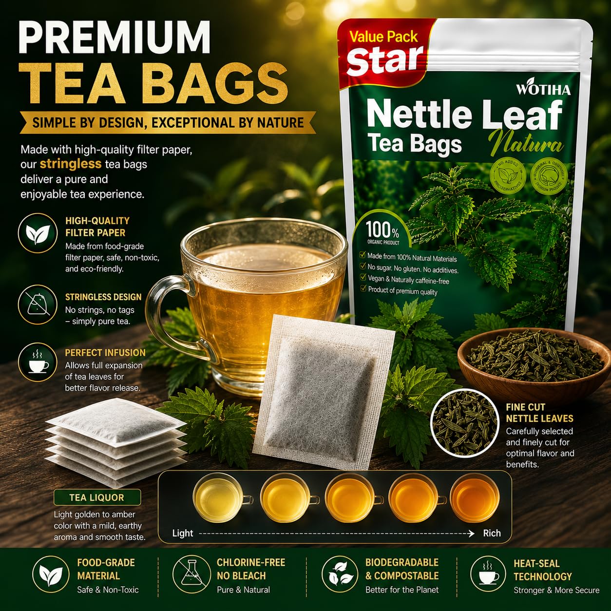 WOTIHA Premium Natural Nettle Leaf Tea Bags, 60 Count – 100% Pure Herbal Tea,Supports Kidney &amp; Joint Health Caffeine-Free, Non-GMO, Additive-Free, Gluten-Free