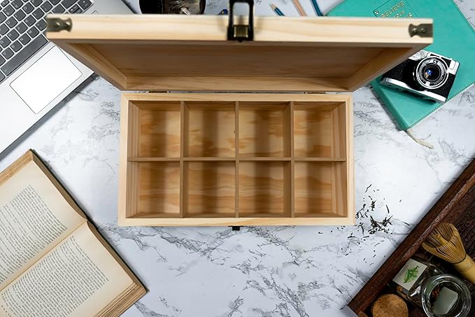 Large Wooden Tea Organizer Box, Big 14" Pine Storage Chest, 8-Slot Tall, Adjustable Shelves, 100% Handmade Craft Eco-Friendly Natural Décor