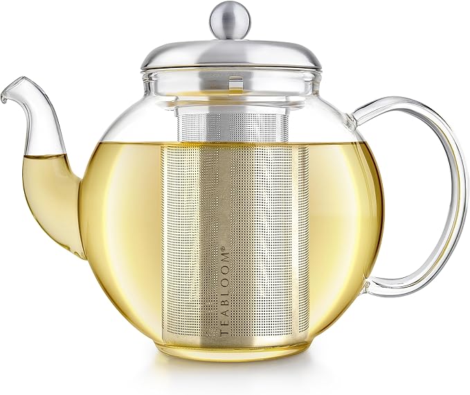 Teabloom Heritage Borosilicate Glass Teapot – 40 oz Classic Round Design with Stainless Steel Infuser – Stovetop Safe, Drip-Free Spout