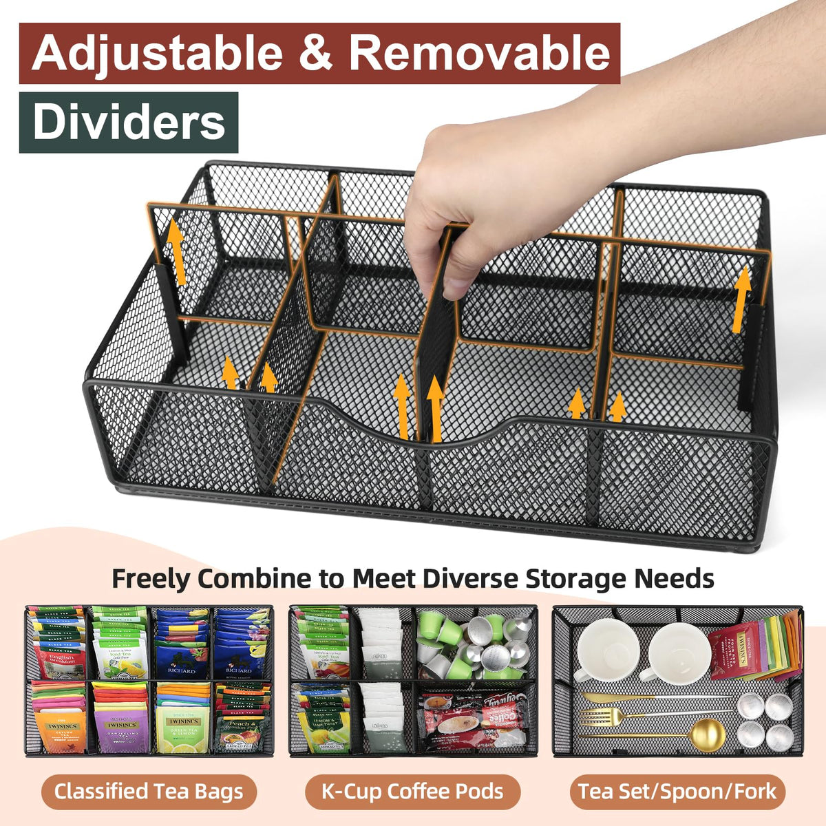 Happilif Tea Bag Organizer, Tea Bag Holder Organizer with 8-Compartment Adjustable Drawer, Wood & Metal Tea Box Organizer
