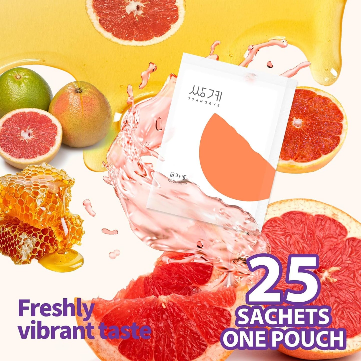 Ssanggye Korean Honey Grapefruit Tea 30g X 25pcs, All Natural Fresh Grapefruit Tea With Honey Marmalade Jam, Sauce For Salad Spread Ade Cocktail Dressing Portable Sachets For On-The-Go Sweet 꿀 자몽차