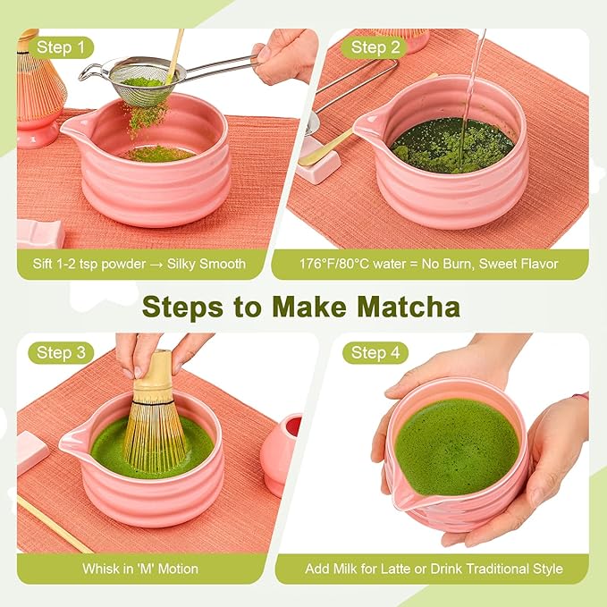 Artisan Ceramic Matcha Set, 7Pcs Japanese Matcha Whisk Kit with Playful Pink Glaze Bowl, Bamboo Chasen & Sifter - Elegant Tea Ceremony Gifts for Women, Premium Home Essentials (Pink)