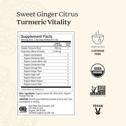 Yogi Tea Sweet Ginger Citrus Turmeric Vitality - 16 Bags per Pack (6 Packs) - Organic Ginger & Turmeric Root Tea - Supports Well-being