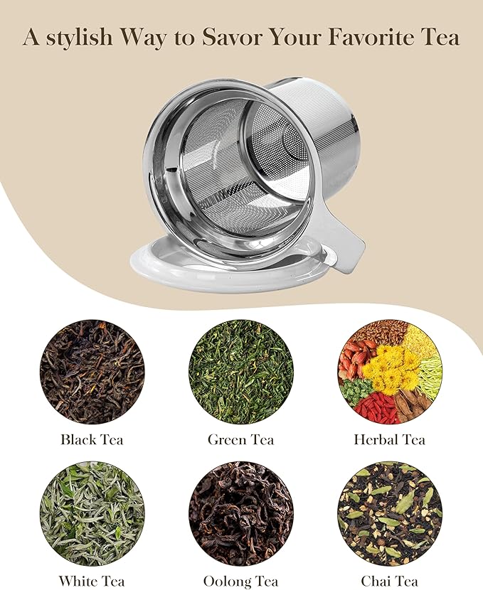 Malacasa Ceramic Tea Mug with Lid and Stainless Steel Infuser, 18 oz Large Tea Cup for Loose Leaf Tea, Heat-Resistant, Microwave & Dishwasher Safe