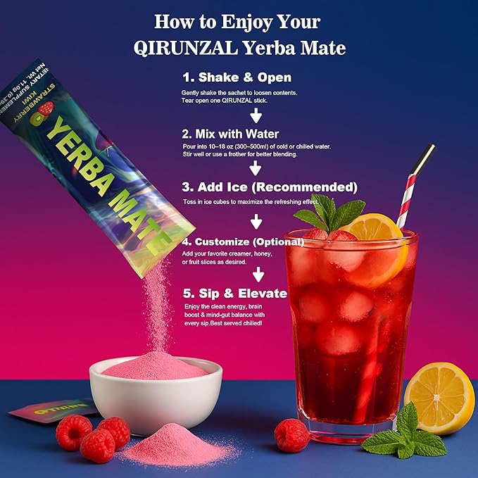 Yerba Mate Sticks Tea Powder - Strawberry Kiwi Single Serve Sticks - Instant Tea Powder On The Go - Nootropic, Prebiotic & Probiotic Mix with Vitamin B3, B6 & B12 - Sugar-Free - 20 Servings