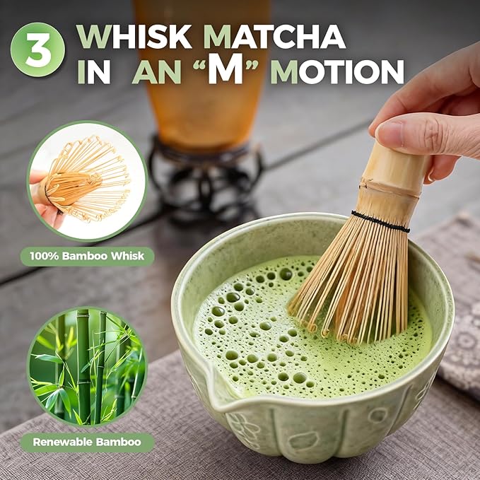 Matcha Whisk Set-5pcs, 16OZ Japanese Tea Set Includes Matcha Bowl with Spout, Bamboo Whisk with Ceramic Holder