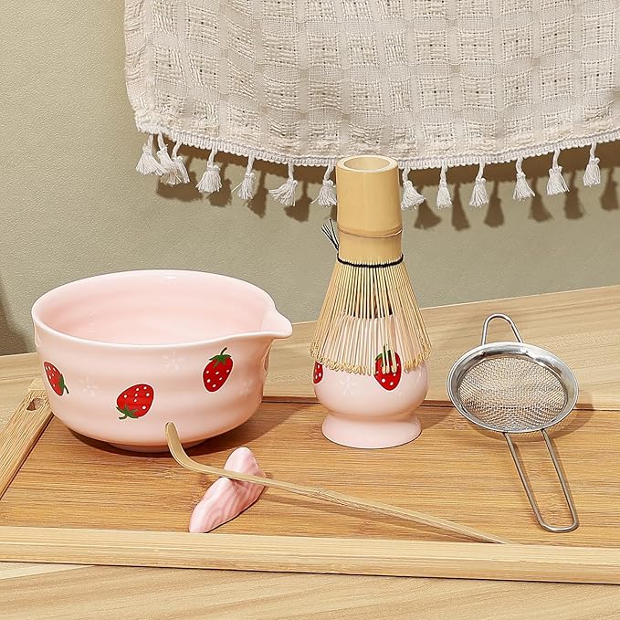Koythin 7-Piece Ceramic Matcha Whisk Set, Adorable Strawberry Bowls Set with Whisk Holder Scoop Towel, Aesthetic Matcha Bowl Set for Ceremony (Pink)