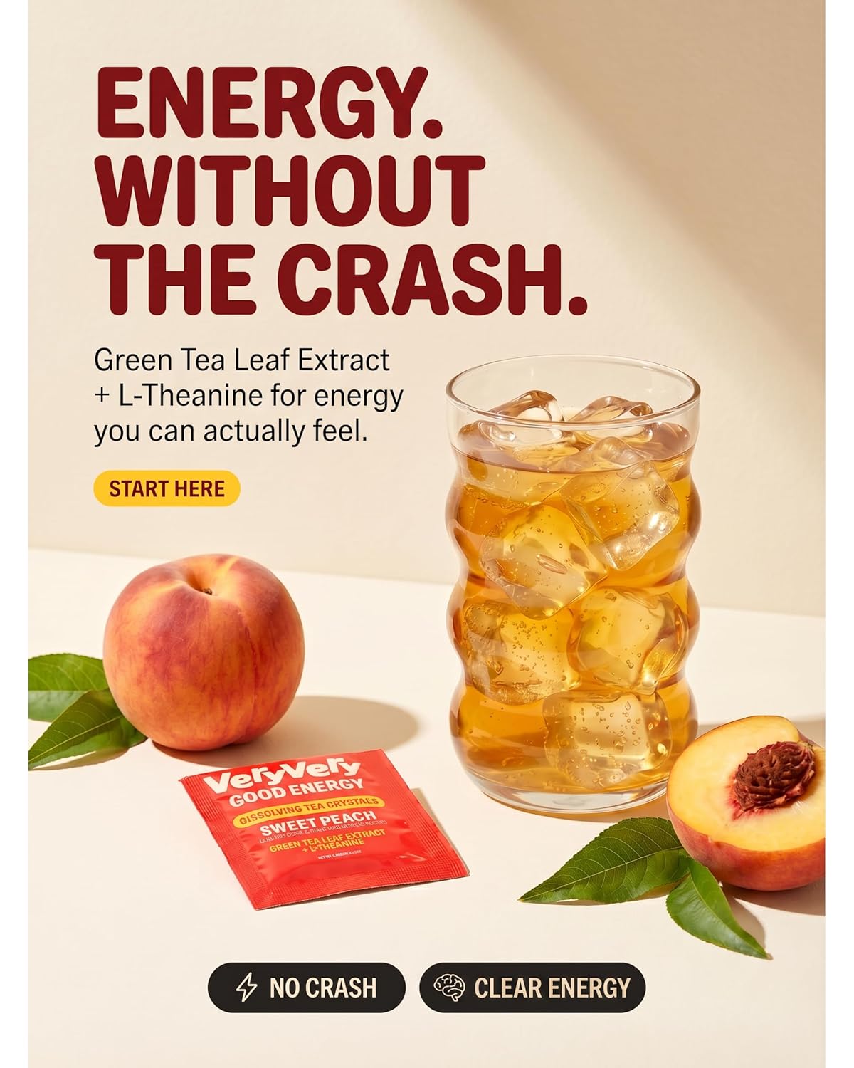 VeryVery Good Tea, Peach Energy With Green Tea Caffeine and L Theanine, Dissolving Crystals for Hot or Cold Drinks, Sugar Free Functional Powder Drink Mix, Vegan, Gluten Free, Non GMO, 16 count