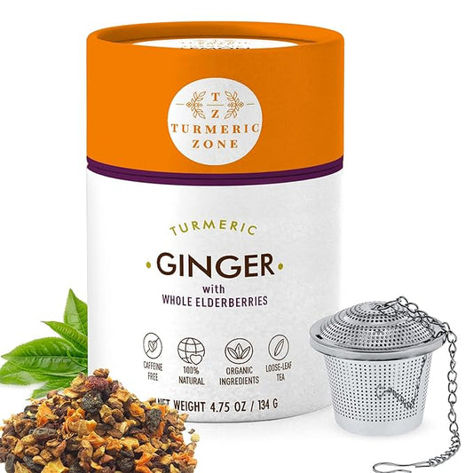 Turmeric Zone Organic Turmeric Ginger Decaf Tea with Elderberries - Made with Turmeric Root, Whole Non-irradiated Elderberries, Ginger Root, Cinnamon, Black Pepper - 4.75 oz