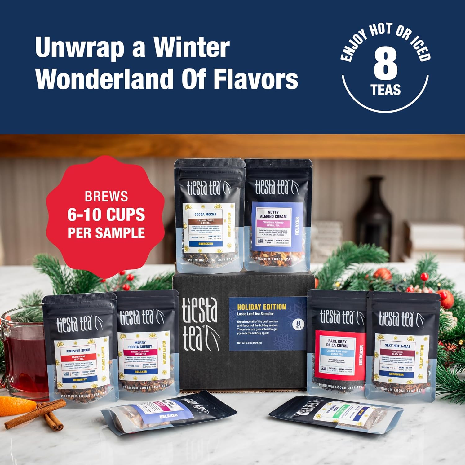 Tiesta Tea - Holiday Tea Sampler Dry Flight Set, Loose Leaf, High to No Caffeine Hot & Iced, Premium Brew Sample with Black, Herbal, Fruit & Hibiscus Blends, 8 Resealable Sample Pouches
