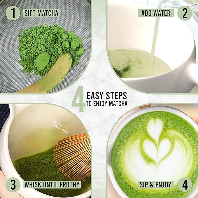 Happy Path & CO Matcha Whisk Set – 6 Pcs Matcha Tea Set Includes Bamboo Whisk(Chasen) & Holder,Bowl with Spout,Sifter,Scoop & Stand