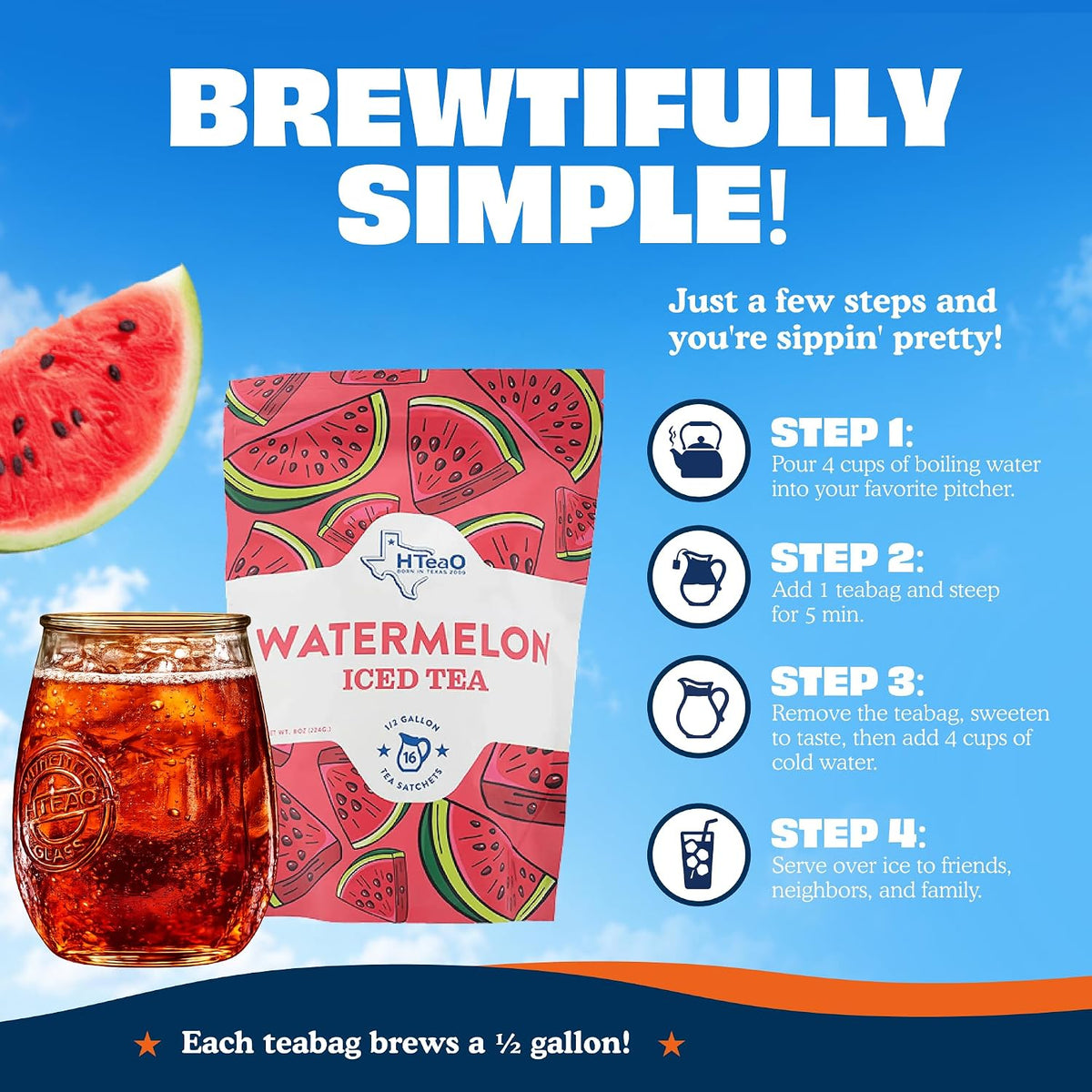 HTeaO Watermelon Iced Tea Bags - Make 4 Gallons - Texas Style - Black Tea