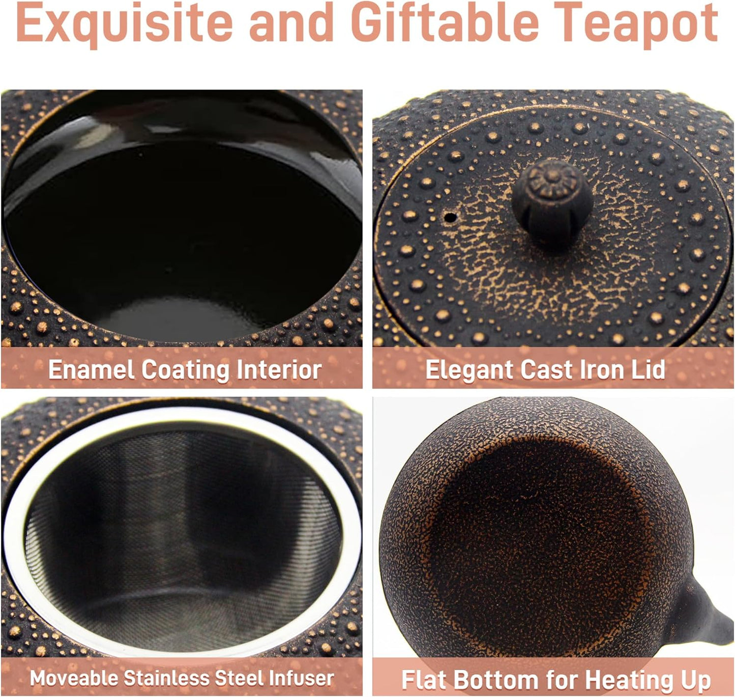 YJX Large Cast Iron Teapot for Stovetop, 1.8L Tea Kettle, Tea Pot for Stove