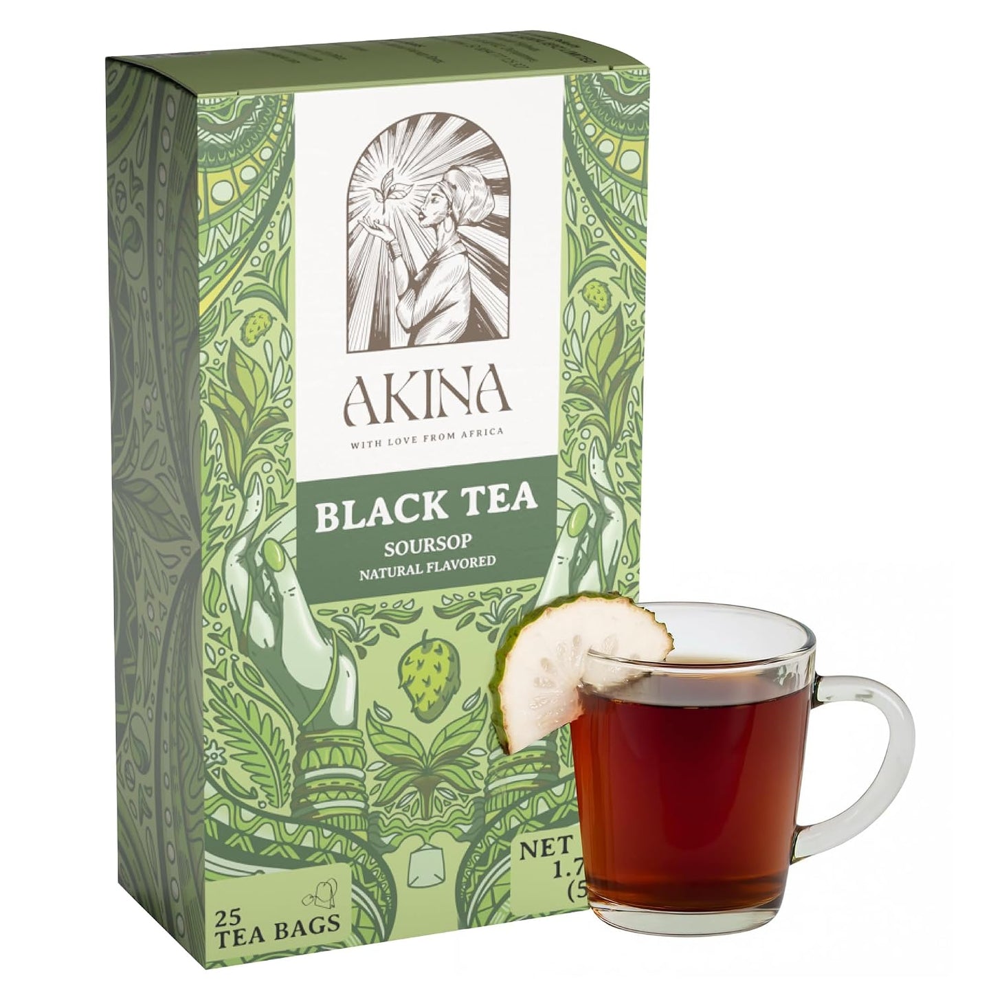 AKINA - Soursop Flavored Black Tea Bags, Individually Wrapped, Specialty String and Tag Kenyan Soursop Tea Bags, Sweet and Tangy with Uplifting Tropical Aroma (Box of 25) (50g)