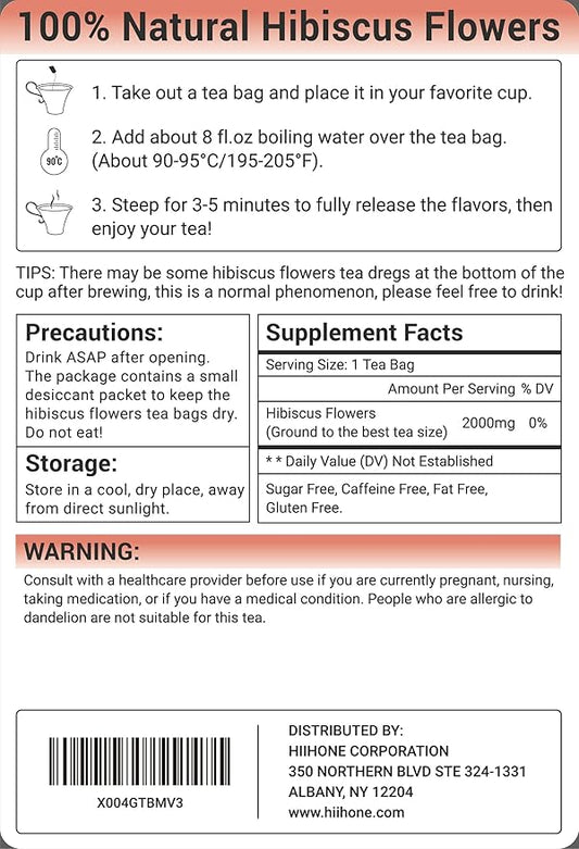 Hibiscus Tea Bags, Hibiscus Flower Herbal Tea - Caffeine & Sugar Free, 50 Teabags