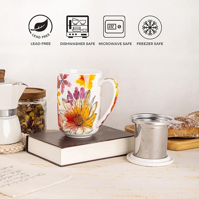 Gbhome Tea Mug with Infuser and Lid, 18 Ounce Large Ceramic Loose Leaf Cup, Microwave, Dishwasher Safe, Perfect For Tea Lovers