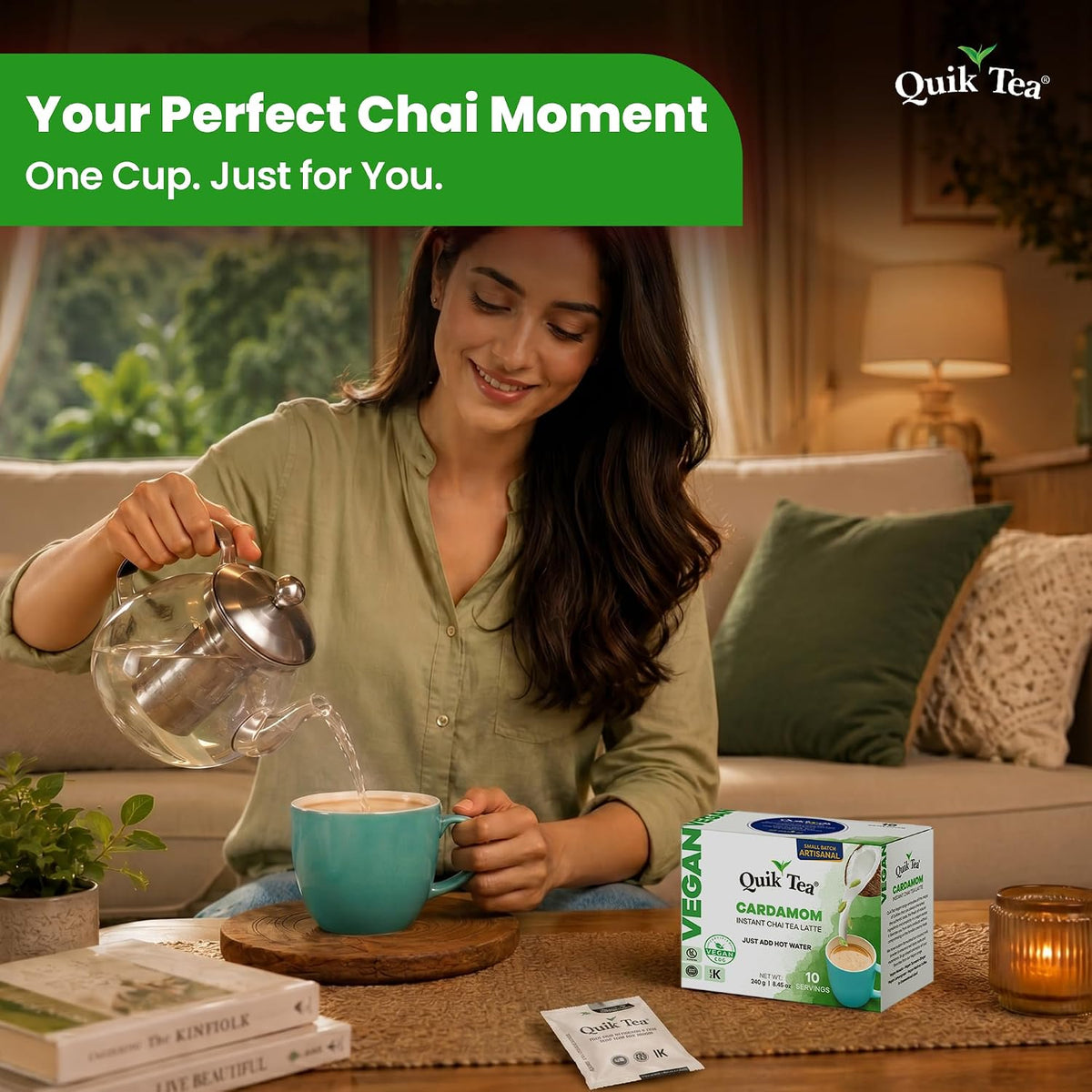 QuikTea Vegan Instant Chai Tea Latte Mix, Cardamom, 10 Sachets