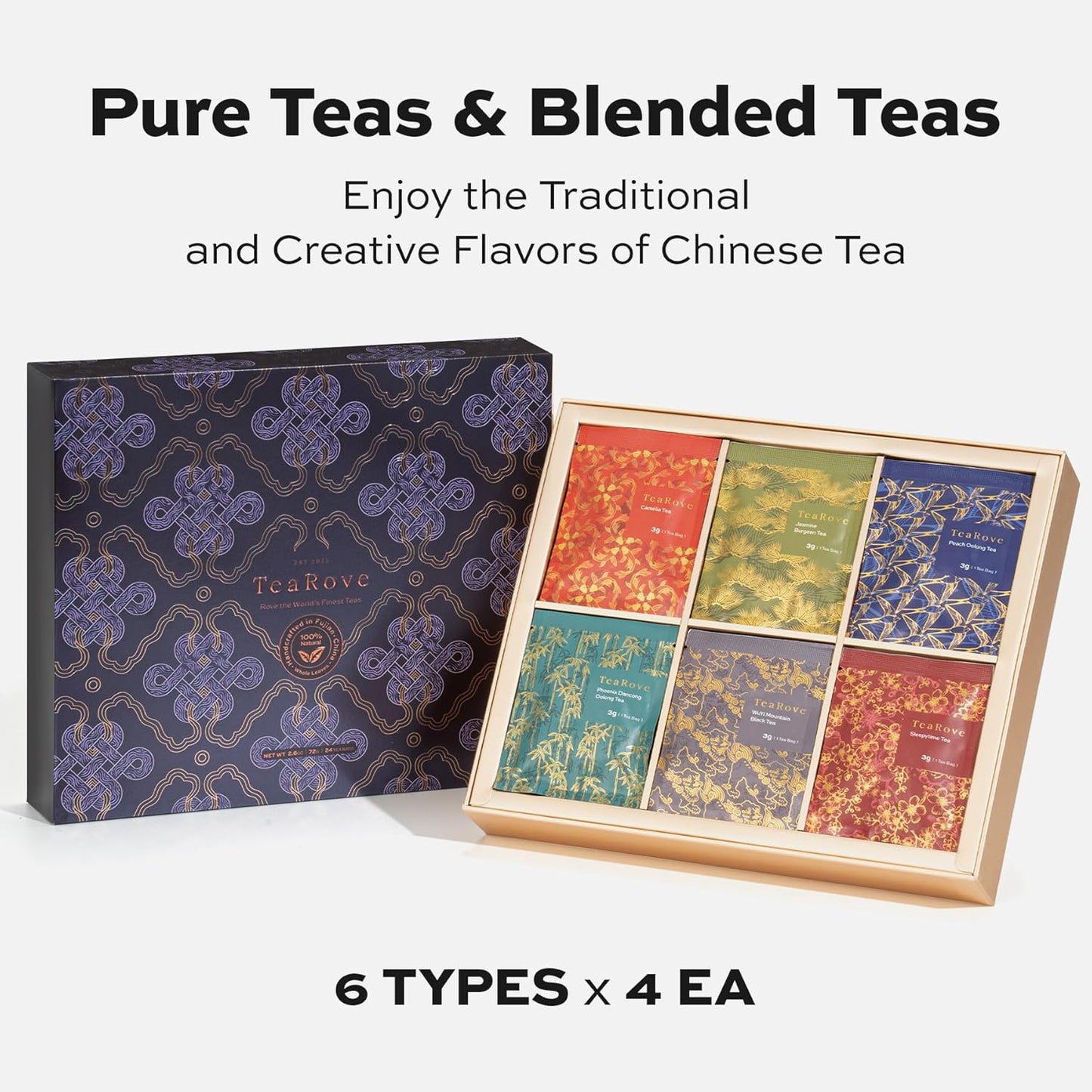 TeaRove Fancy Tea Gift Set with Gold-Foil Presentation Box, 24 Assorted Variety Pyramid Infuser Bags, 6 Flavors Handcrafted Black, Oolong, Jasmine Green, Herbal Chinese Tea Sampler Gift Set Box for Tea Lovers