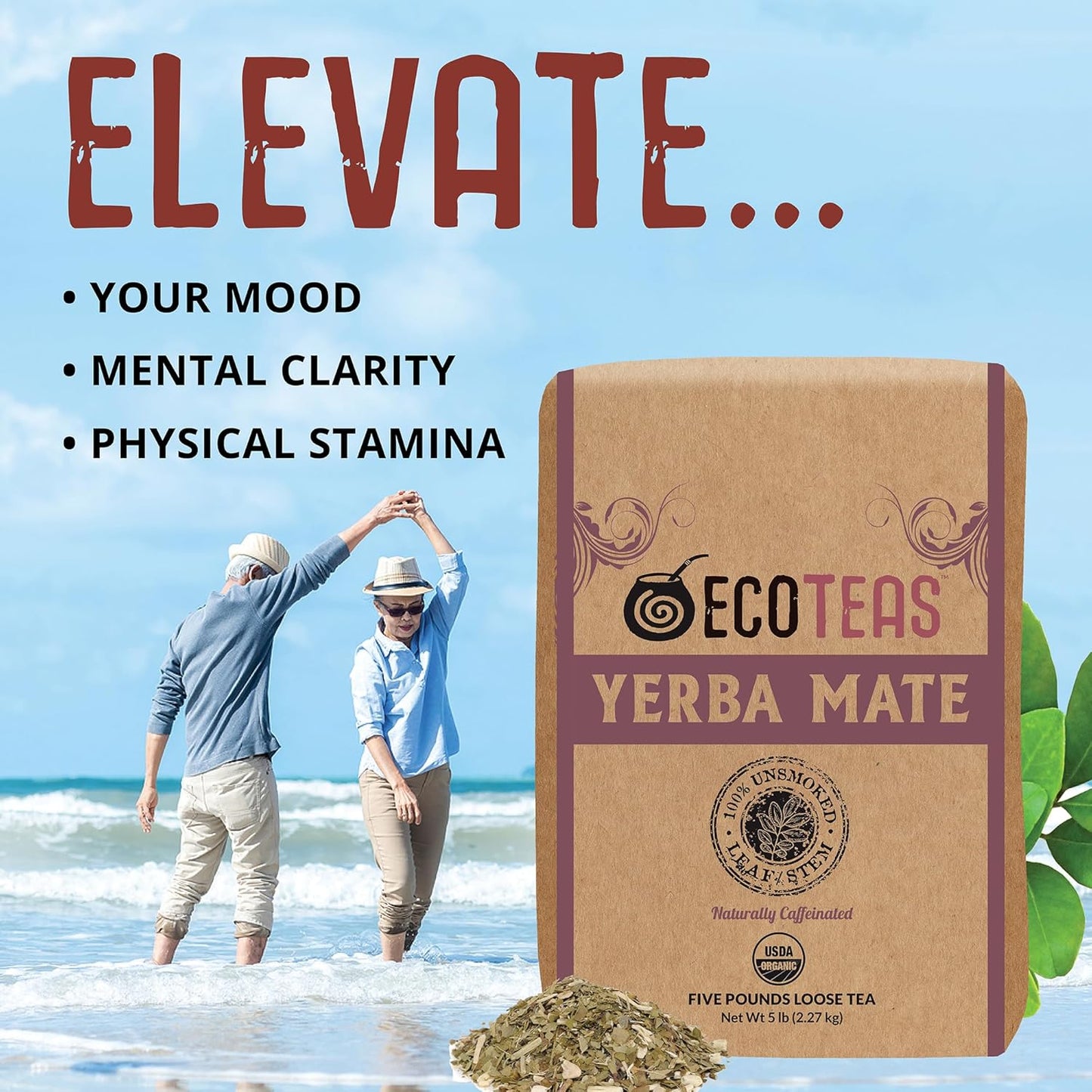 ECOTEAS Organic Yerba Mate Loose Leaf Tea – Unsmoked Detox Herbal Tea for Natural Energy – Coffee Alternative - Kosher, Non-GMO, Gluten-Free - Traditional Leaf-Stem Cut, 5 lb