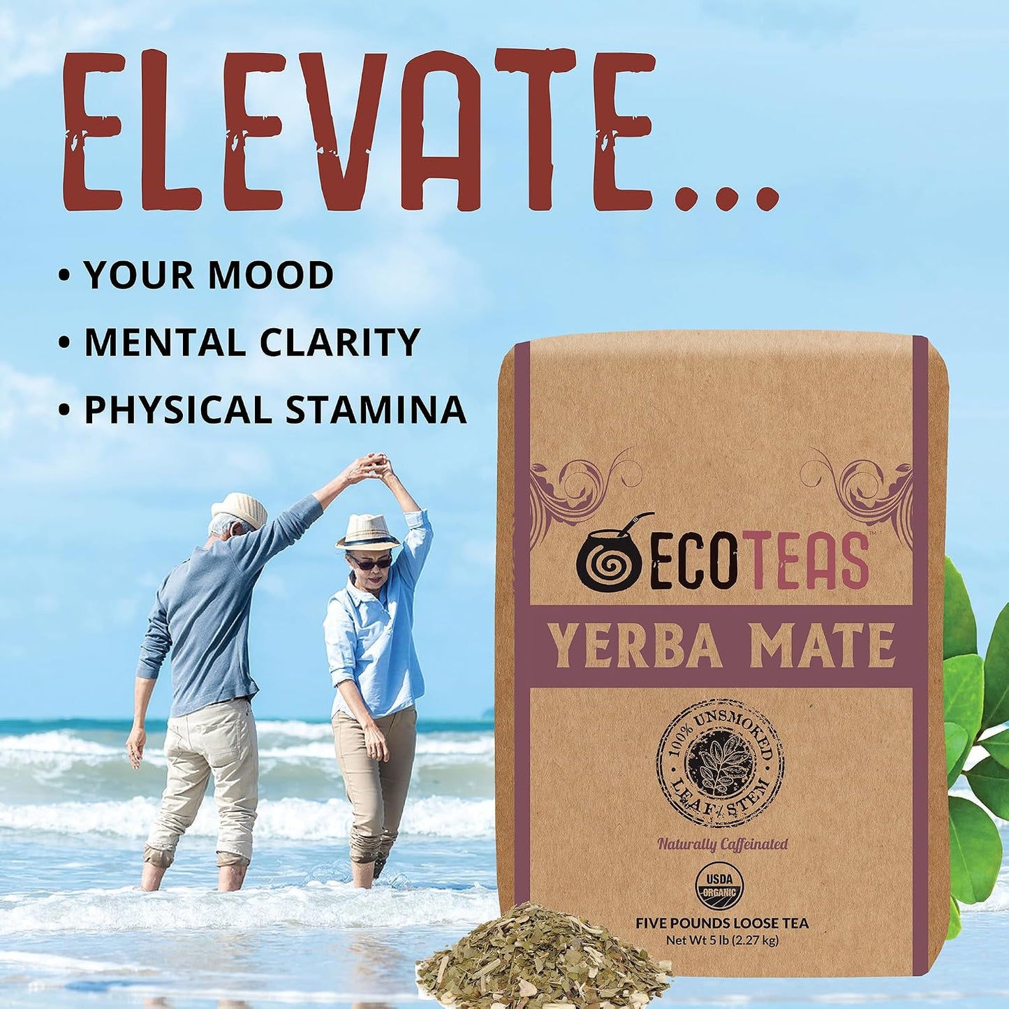 ECOTEAS Organic Yerba Mate Loose Tea Traditional Cut 5 lb Bulk Value Bag | 5 lb bulk traditional cut with stems and powder, USDA organic kosher non-GMO, brews in French press gourd or bombilla