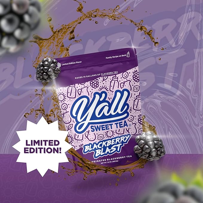 Y'all Sweet Tea Blackberry Blast Flavored Iced Tea Bags, 10 Gallons Pack | As Seen on Shark Tank | Caffeinated | Real Blackberry Flavor | Quick Brew Southern Ice Tea | One Gallon Size Brew