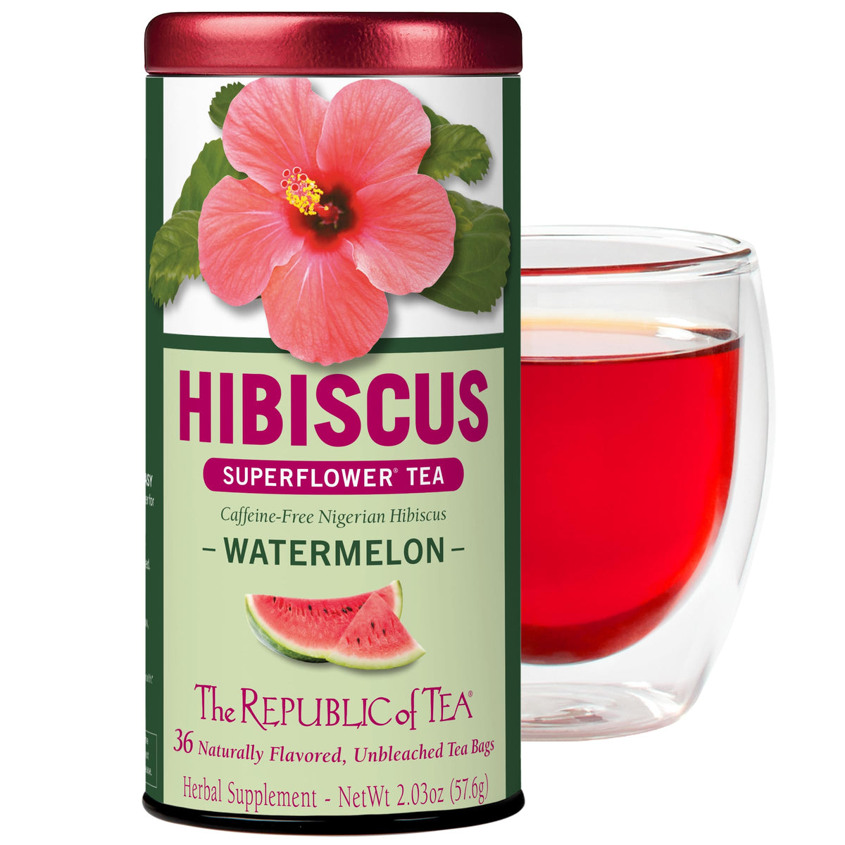 The Republic of Tea Hibiscus Watermelon Herbal Tea, Caffeine Free, 36 Count
