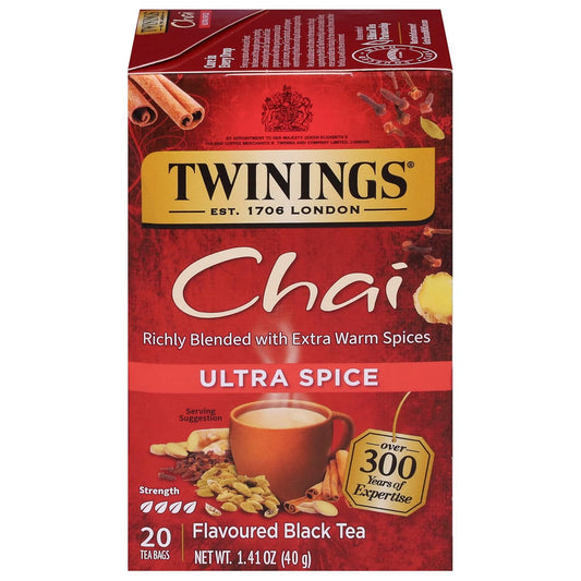 Twinings Ultra Spice Chai Black Tea Bags, 20 CT Box (1 Pack) | Sweet &amp; Savoury, Extra Cinnamon, Ginger, Cardamom &amp; Clove, Naturally Caffeinated, 20 Foil Lined Individually Wrapped Bags