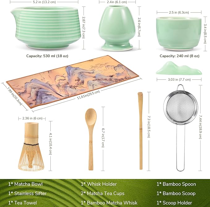 Helplx Matcha Whisk Set 10-Piece Japanese Matcha Kit with BowlWhisk & Holder2 Tea CupsBamboo ScoopSpoonSifterScoop Rest & Tea Towel