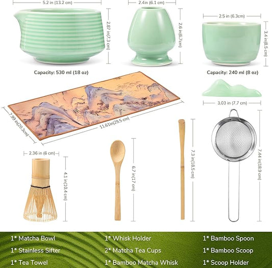 Helplx Matcha Whisk Set 10-Piece Japanese Matcha Kit with BowlWhisk & Holder2 Tea CupsBamboo ScoopSpoonSifterScoop Rest & Tea Towel